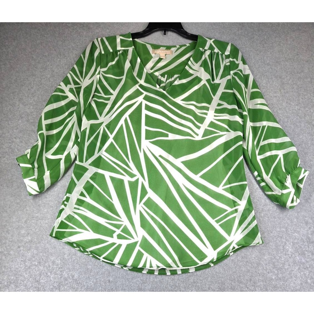 Banana Republic Green White Geometric V-Neck Blouse 3/4 Sleeve Petite XS
